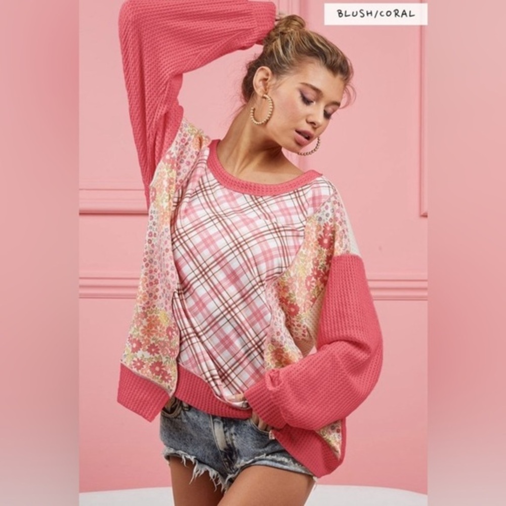 BiBi Pink and Coral Patchwork Long Sleeve Top